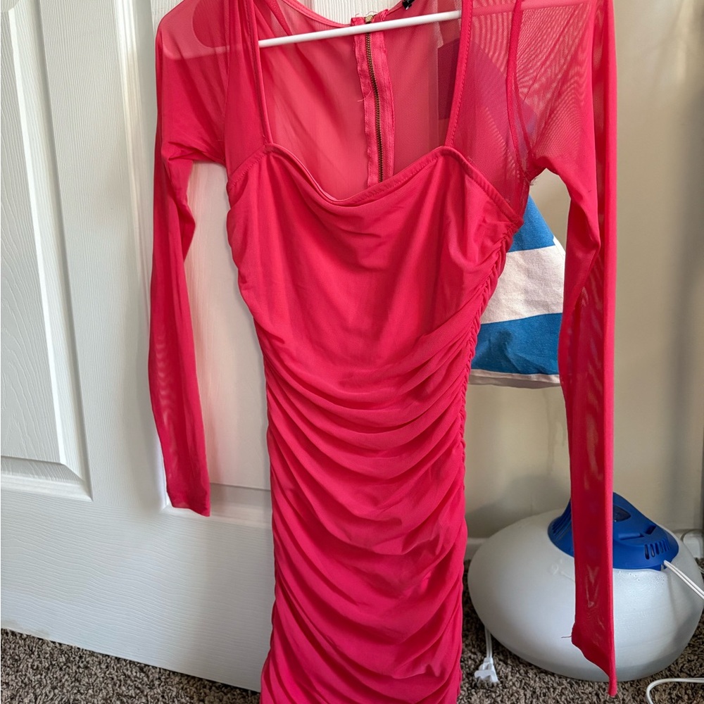 Fashion Nova Red Ruched Long Sleeve Bodycon Dress